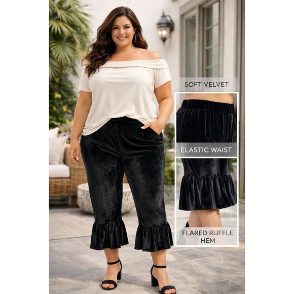 Matilda Jane Pants - Matilda Jane Womens Black Velvet Cropped Wide-Leg Pants Ruffle Hem Elastic Waist